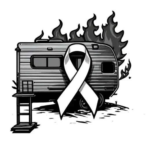 Camper And Fire Scene With White Cancer Ribbon