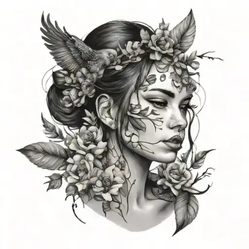 A Detailed Black And Grey Portrait Of A Beautiful Woman Surrounded By Nature Elements