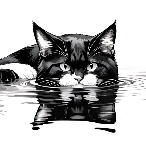 Black Cat Looking In A Pond And Seeing The Reflection Of A Black And White Cat