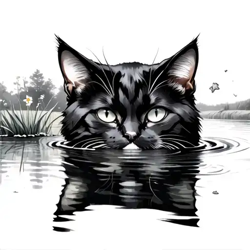 Black Cat Looking In A Pond And S D And E