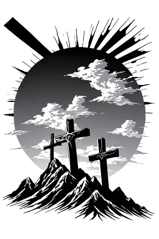 3 Crosses On Mountain With Sun Rays And Clouds Floating