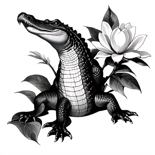 Create An Image Of An Alligator And Magnolia For A Black And White