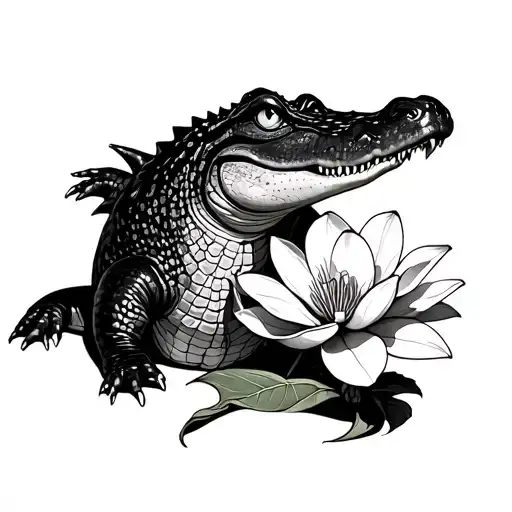 Create An Image Of An Alligator And Magnolia For A Black And White