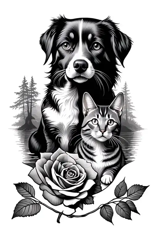 Oldschool Dog And Cat With Rose In Forest Near River Full Arm