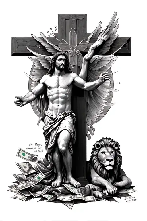 Jesus And Cross With A Quote And And Angle And Money And A Lion