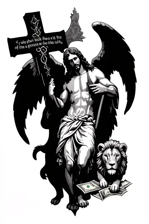 Jesus And Cross With A Quote And And Angel And Money And A Lion