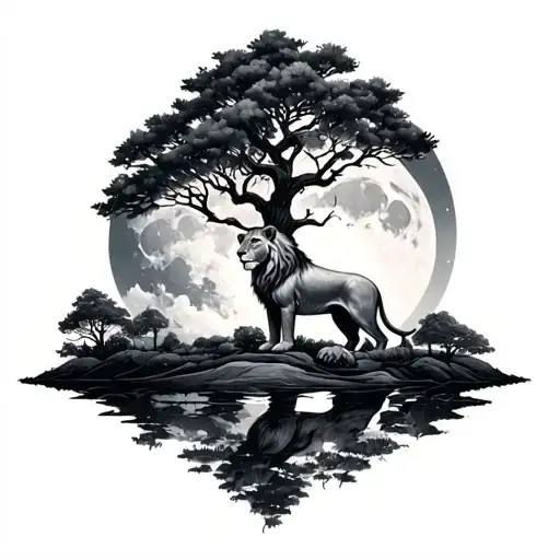 Tree With Moon And Landscape With Female Lion
