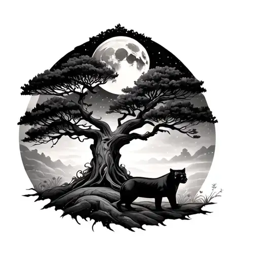 Tree With Moon And Landscape With Female Panther Underneath