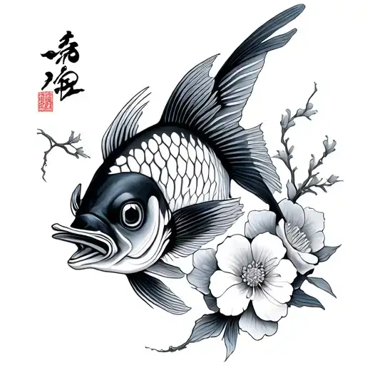 Japanese Fish With Japanese Flowers