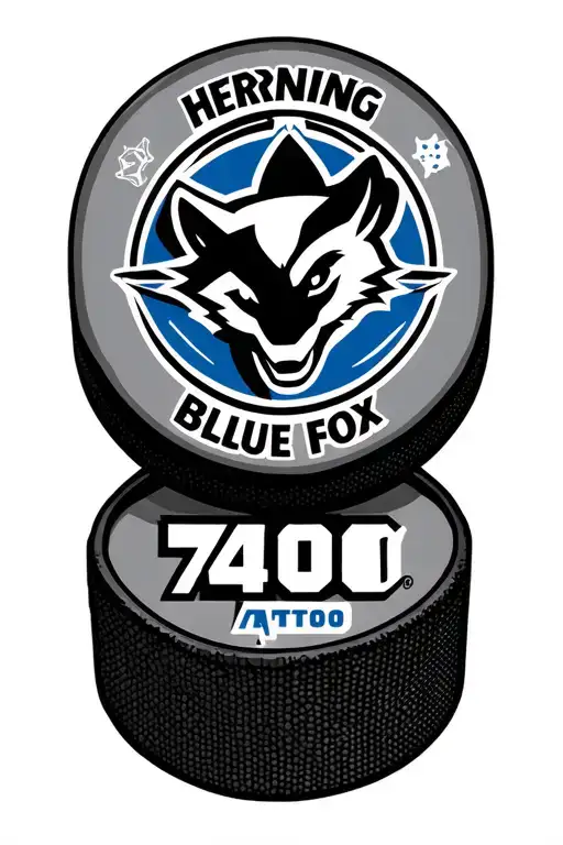 Hockey Puck Stuck In The Skin With Herning Blue Fox Logo And The Inscription 7400