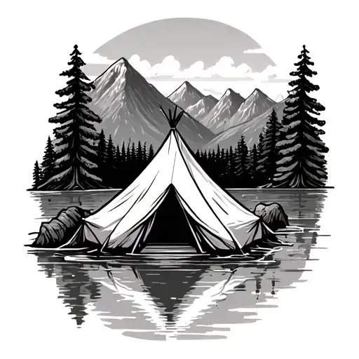 Tent By Lakeshore Nestled Within Forest Foreground And Mountains In The Background