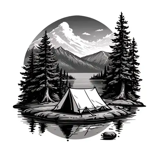 Tent On Lakeshore Nestled Within Forest Foreground And Mountains In The Background