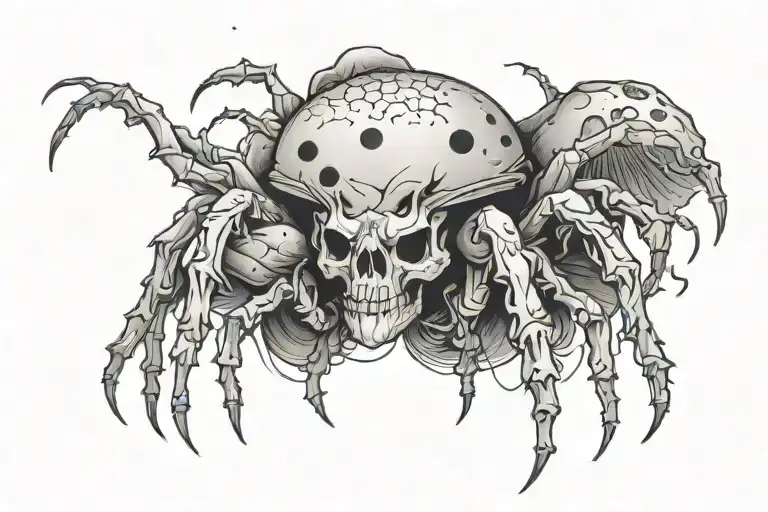 A Spider With A Body Shaped Like A Mushroom With A Skull Face And Fangs And Mushrooms