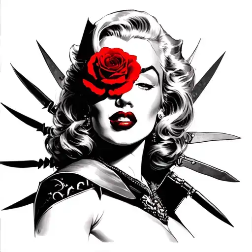 Marilyn Monroe Half Body With Red Rose In Hair With Wolverine Blades