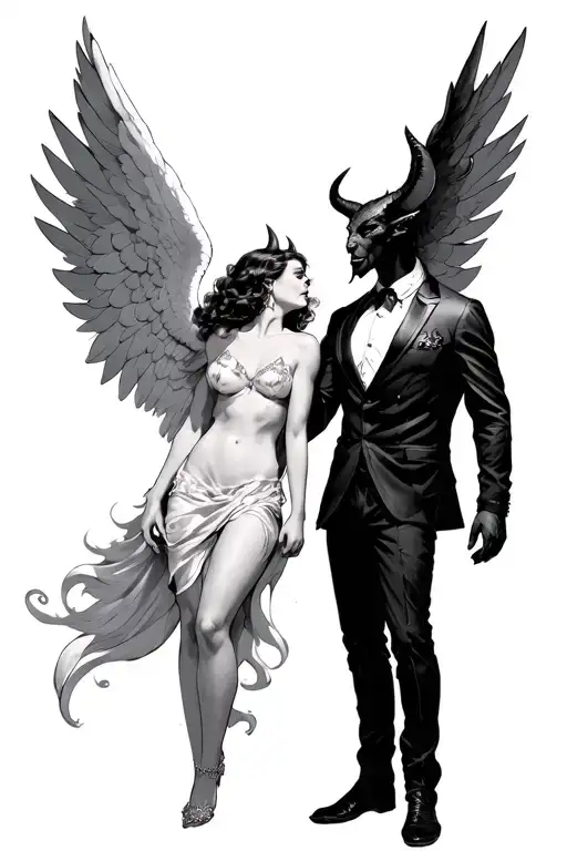 Devil With Suit Looking Up To A Sexy Angel With Wings