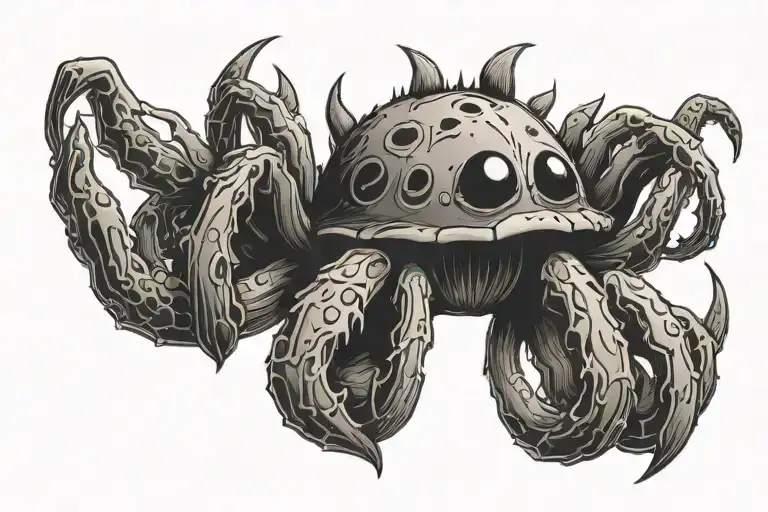 A Spider With A Body Shaped Like A Mushroom With A Fangs And Made Of Mushrooms