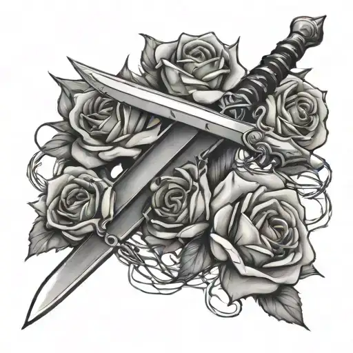 Sword With Barbed Wire And Roses Wrapped Around