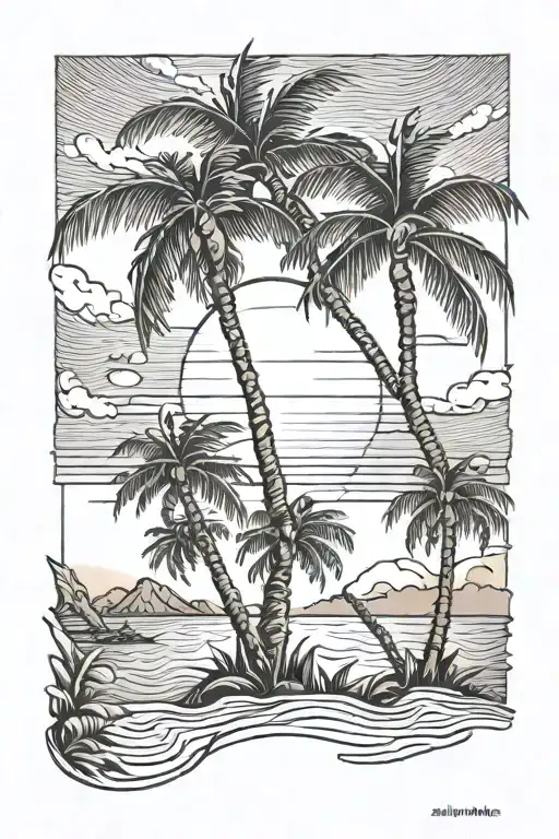 Palm Trees With Beach And Sun Setting