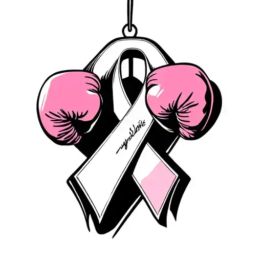 White Cancer Ribbon With A Signature And Pink Boxing Gloves Hanging From It