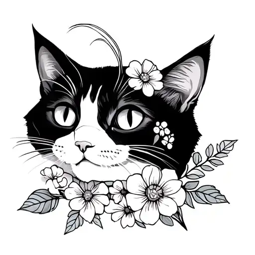Cat And Flowers One Line