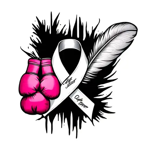 White Cancer Ribbon With Feather A Signature And Pink Boxing Gloves Hanging From It