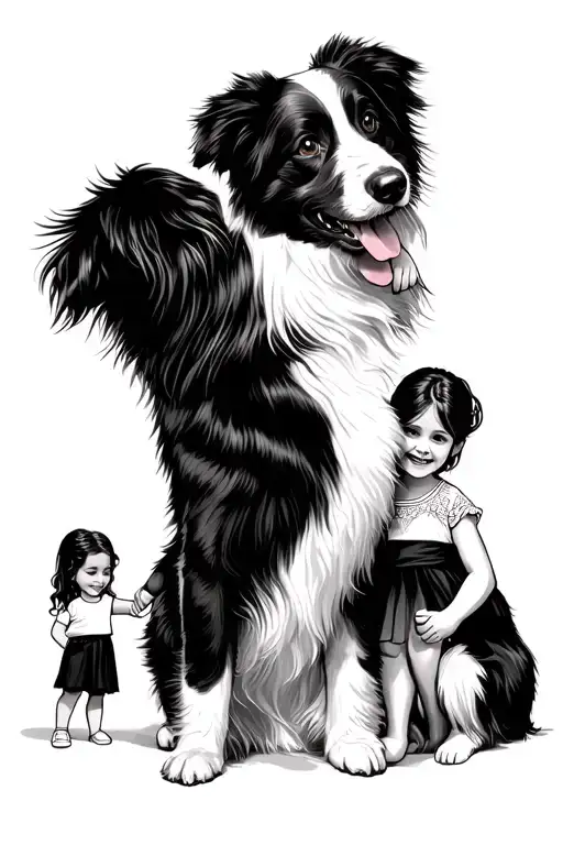 Border Collie Playing With 2 Daughters Holding Hands And Wife Looking At