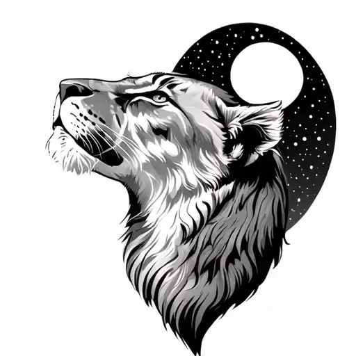 Lioness Looking Up At The Moon And Stars