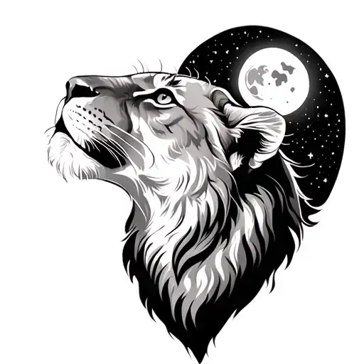 Lioness Looking Up At The Moon And Stars