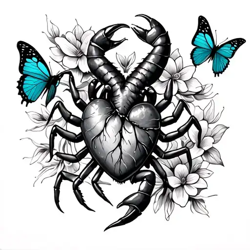 Heart Scorpion With Flowers And Butterflies