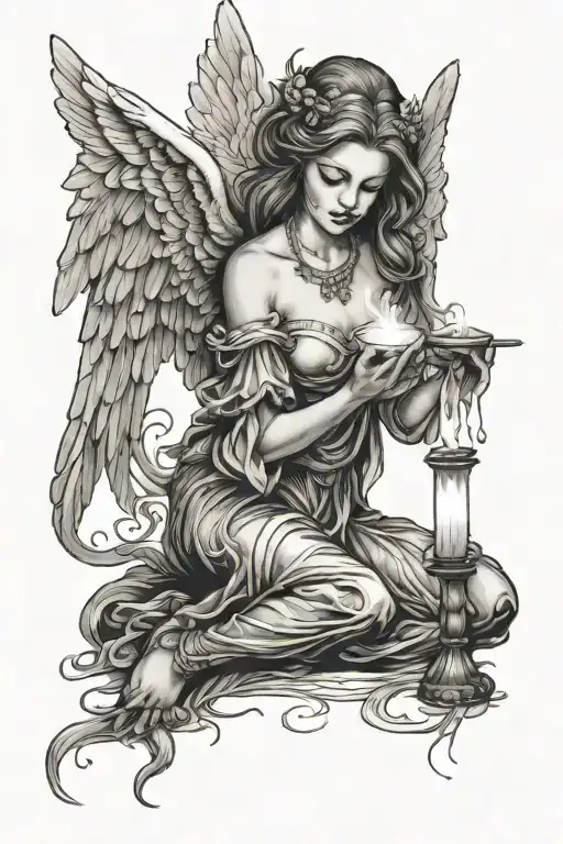 Kneeling Female Angel Holding Candle Burning