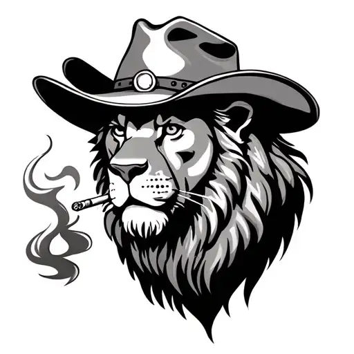 A Lion In A Cowboy Hat Smokes A Cigarette