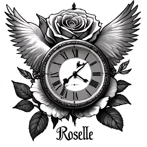 Clock And Rose And Dove With Baby Name Roselle