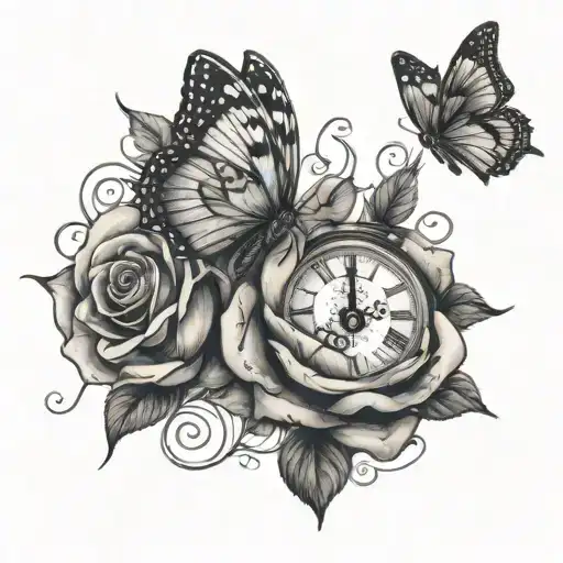 A Butterfly Rose And Clock