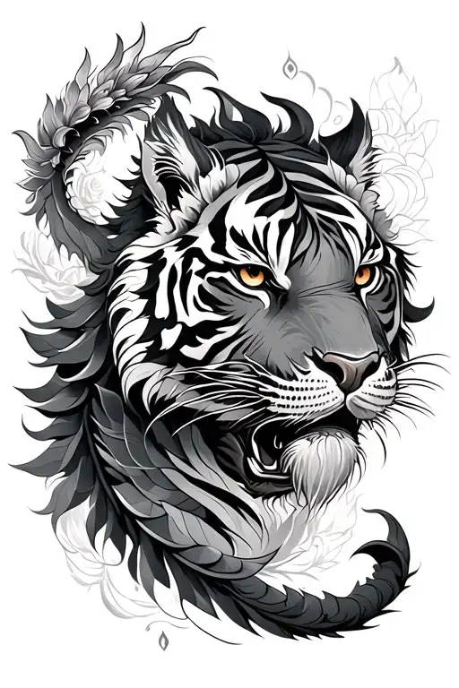 Tiger And Dragon With Lotus Mandala Design Incorporating Elements