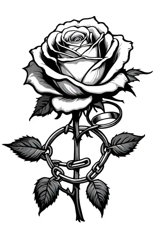 Tattoo Of A Rose With A Chain Around Its Stem And A Ring In Black And White