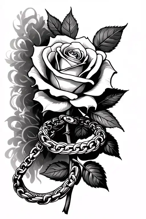 Tattoo Of A Rose With A Chain Around Its Stem As It Was A Snake And A Ring In Black And White