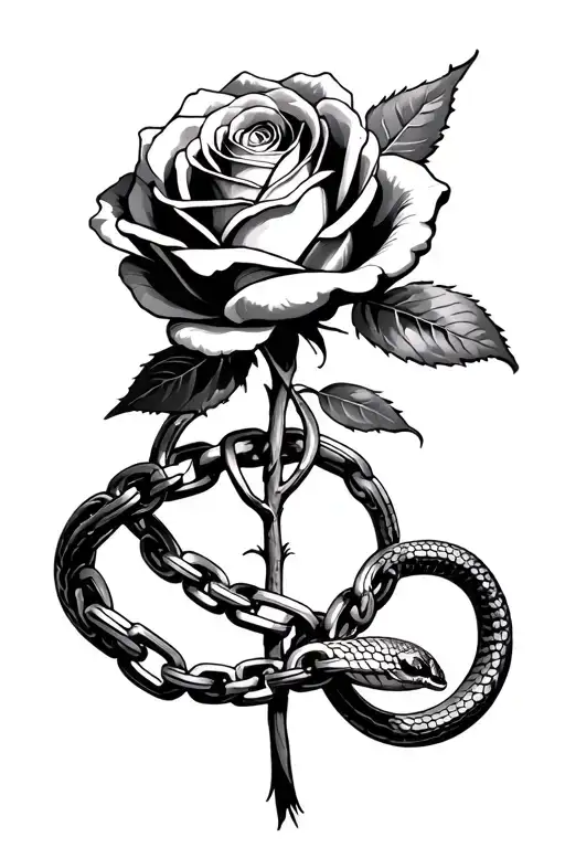 Tattoo Of A Rose With A Chain Around Its Stem As It Was A Snake And A Ring In The Chain