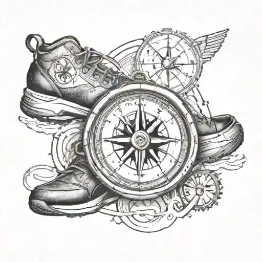 A Detailed Compass Tattoo With A Running Shoe And Military Insignia Incorporated Into The Design
