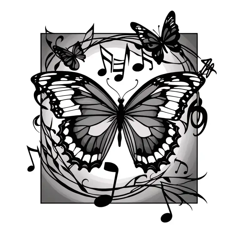 3 Butterflies And Music Notes Intertwined Simple Outline
