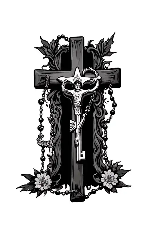 Cross With Two Keys On Top And Rosary Beads Surrounding And Going Through The Cross