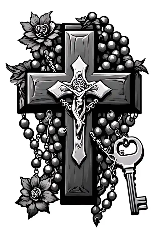 Cross With Two Keys Going Diaganol And Rosary Beads Surrounding And Going Through The Cross