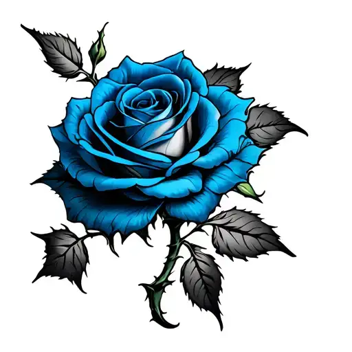 Blue Rose On Side Of Shoulder With The Stem With Thorns Swirling Down The Arm
