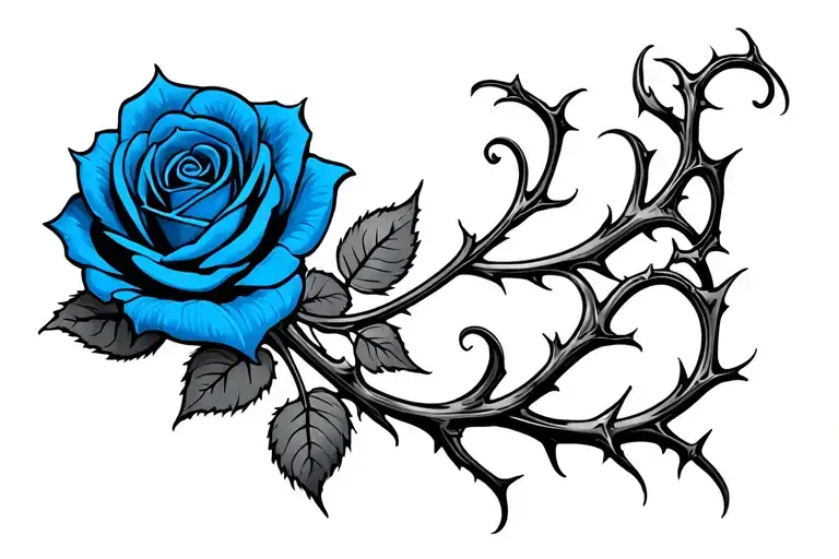 Blue Rose On Side Of Shoulder With The Stem With Thorns Swirling Down The Arm