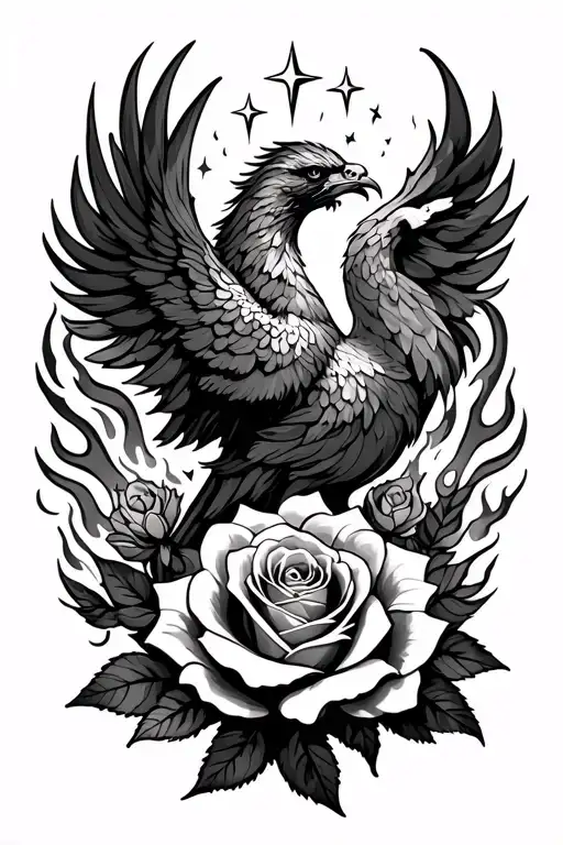 Single Roses And Phoenix And Flames With Shooting Stars