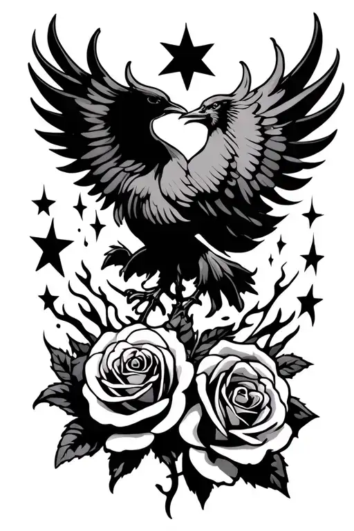 Single Roses And Phoenix Stencil And Flames With Shooting Stars And Kiss