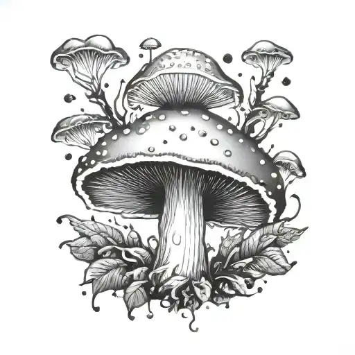 Mushroom With A Hidden Fairy Silhouette Among The Dots In A Dotwork Style