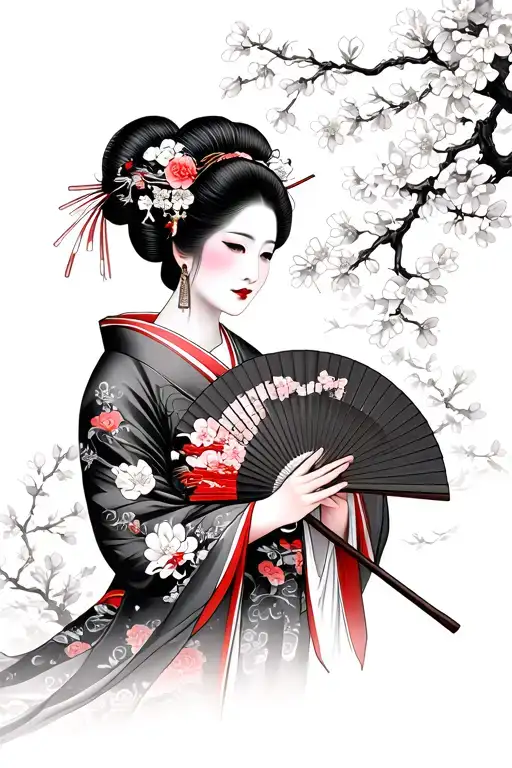 Hot Japanese Geisha Holding A Fan With Cherry Blossom In The Background
