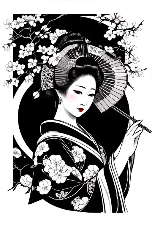 Pretty Japanese Geisha Holding A Fan With Cherry Blossom In The Background