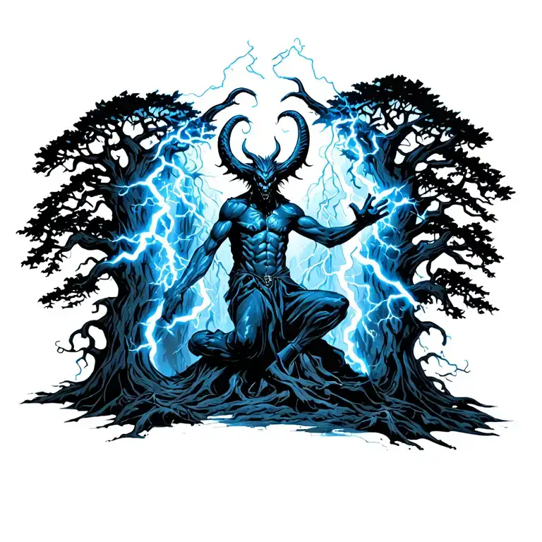 Shorm Setting With Real Looking Trees Blue Lightening And A Person Becoming The Devil