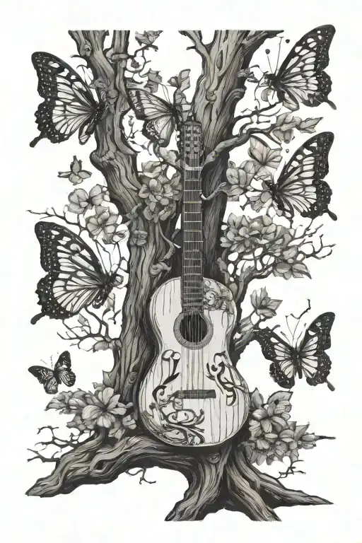 Three Butterflies With A Tree That Has A Swing And A Guitar Resting At The Trunk Surrounded By Jun